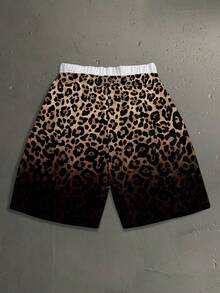 StoneGrade Pantalones de chándal para hombre de talla estándar con ajuste holgado, doble cintura, estampado completo de moda con letras inglesas cursivas curvas y estampado de leopardo degradado - Marrón - View 3