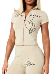 BABYPHAT Parte superior de jersey con cuello alto y cremallera de manga corta con estampado de texto, cómoda y ajustada para uso casual - Crema - Ver 6
