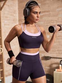 Powerista 女款簡約日常運動套裝 紫色與粉色拼接時尚運動套裝 內衣式上衣 跑步健身 夏季休閒健身房運動 假分層設計 - 紫色 - 查看 9