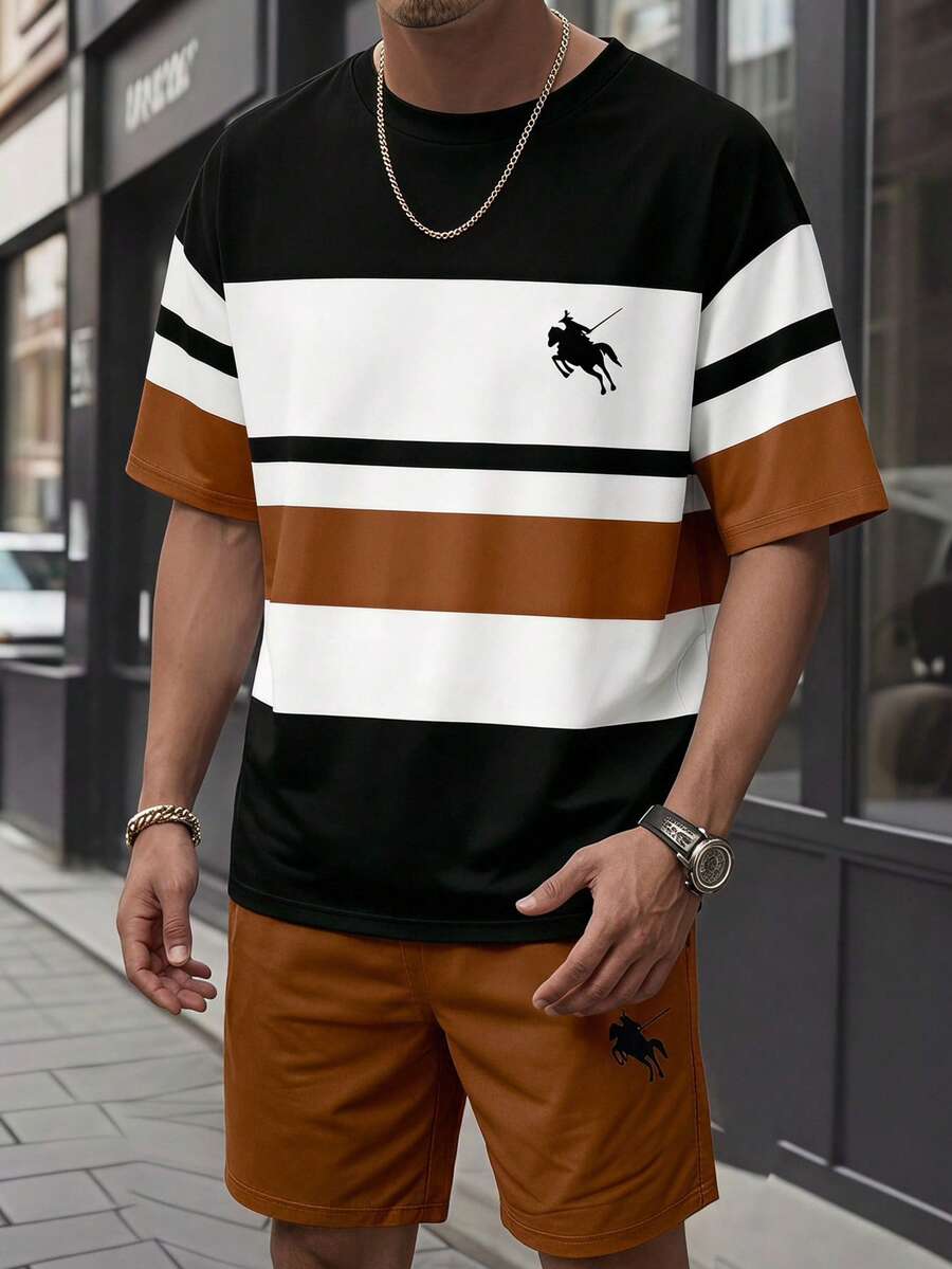 SHEIN 青少年男孩數位條紋與馬匹圖案短袖襯衫與短褲套裝,春/夏休閒舒適時尚風格,適合出遊、戶外運動、戶外野餐、街拍、度假風格、假日、禮物用途夏季穿搭 - 彩色 - 查看 1