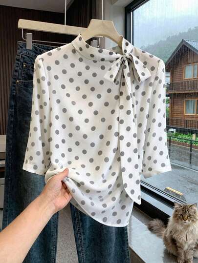 Franclia Elegant Tie-Front Polka Dot Blouse, Commuter, Comfortable, Trending Now, Fashion Tops