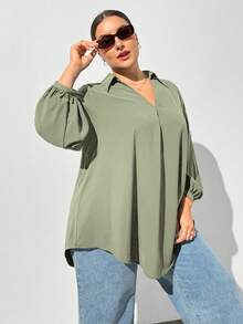 SHEIN Essnce 大码女式秋冬休闲宽松舒适 V 领黑色长袖衬衫、秋季女装、女式衬衫、曲线上衣、老款、黑色上衣、商务休闲女装、女士办公室装、女士服装、女士上衣、返校节、教师、工作上衣 - 薄荷綠 - 查看 5