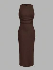 SHEIN LUNE Plus Size Women's Solid Color Round Neck Pleated Sleeveless Fitted Elegant Dress Vacation Brown Summer - Coffee Brown - View 2