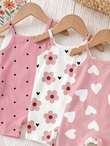 3件組女嬰休閒可愛度假風花朵、愛心、波點印花細肩帶連身褲，夏季柔軟舒適日常穿著 - 彩色 - 查看 4