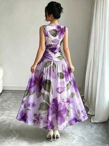 Modelyn 橘色大花卉植物圖案法式風長洋裝，女款低領無袖收腰長裙，抓皺腰部設計，淺杏色雪紡花卉洋裝，夏季度假風穿搭，優雅日常穿著 - 彩色 - 查看 2
