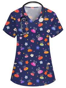 PopScrub Women's Navy Blue V-Neck Short Sleeve Cute Cartoon Print Nurse Doctor Work Uniform Scrub Top Health Checkup Fall - Navy Blue - View 1