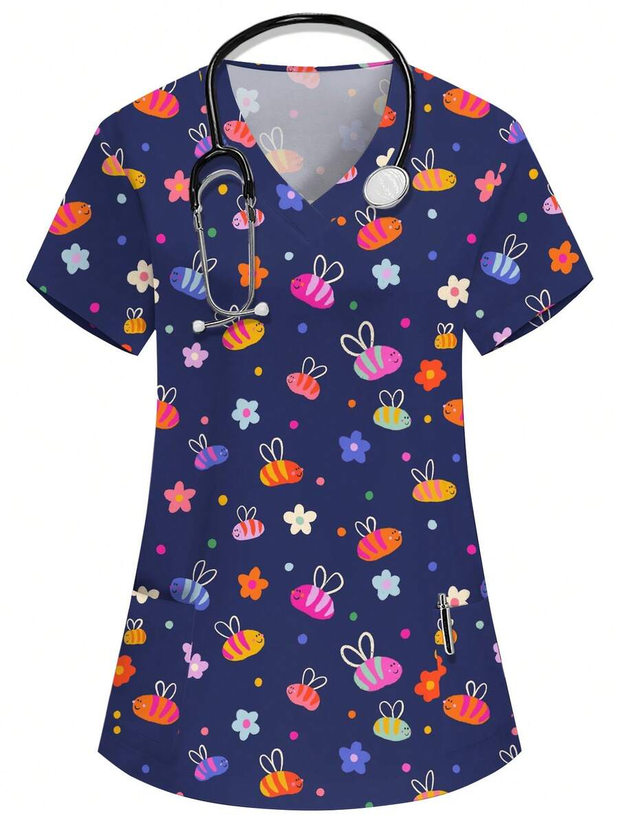 PopScrub Women's Navy Blue V-Neck Short Sleeve Cute Cartoon Print Nurse Doctor Work Uniform Scrub Top Health Checkup Fall - Navy Blue - View 1