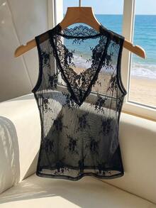SHEIN Franclia 女款黑色蕾絲性感透視V領無袖上衣 - 黑色 - 查看 3