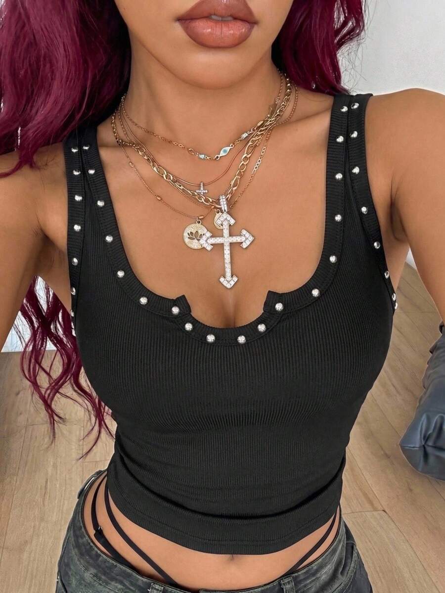 Coolane Women's Plus Summer Streetwear Sexy Going Out Concert Cocktail Goth Y2K Vintage Daily Wear Punk Rivet Stretchy Black Tank Tops