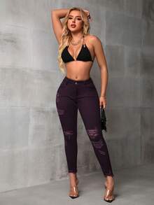 SHEIN SXY 休閒水洗磨損修身牛仔褲 - 中紫紅色 - 查看 6