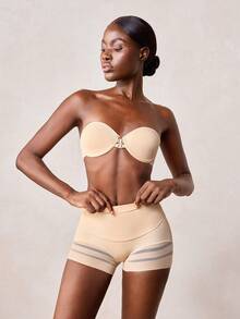 Veilyse 1pc Women High Waist Shaping Panties, Striped Lifting Mesh Waist Slimming Pants, Abdomen Control Flat Belly Shapewear Shorts - Apricot - View 10