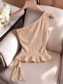 GlowEve Women's Solid Color Ruffle Hem Shoulder Top - Khaki - View 2