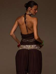 MUSERA Black Chiffon Shirred Halterneck Trim Detail Top - Coffee Brown - View 4