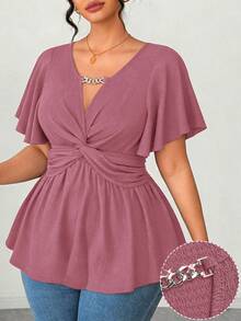 EMERY ROSE Plus Size Women's Spring/Summer Chain Splice Ruffle Twist Waist Knit Solid Color Elegant Graceful A-Line V-Neck T-Shirt Top - Pink - View 3