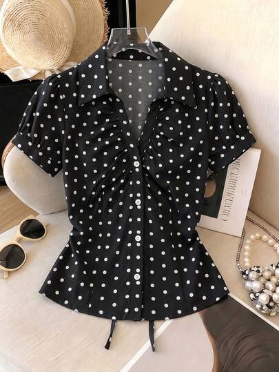 SHEIN Franclia 女款交叉領鈕扣收褶條紋襯衫