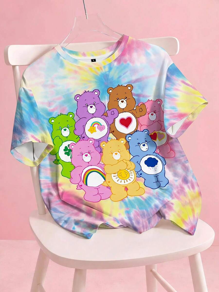 SHEIN X Care Bears 女士彩色扎染小熊印花T恤 - 白色 - 查看 1