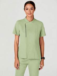 TaskEZ Blusa de trabajo de manga corta de unicolor para mujer - Verde - Ver 7