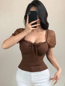 Joudiya 夏季波點透視網紗 T-shirt 棕色蕾絲上衣 婚禮派對修身顯瘦優雅短袖女款上衣 - 棕色 - 查看 7