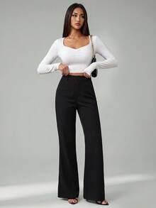 SHEIN Tall Celana Panjang Wanita Warna Polos Kancing Depan Kasual Model Pas Badan Model Flare - Hitam - View 8