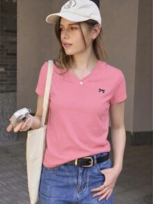 Jouncy 女款蝴蝶結印花V領短袖休閒T恤 - 粉色 - 查看 5