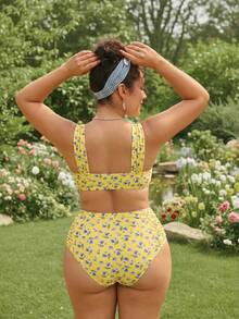 Swim Mod 2026 New Plus Size 2-Piece Bikini Set Set, Yellow Base With Random Blue Ditsy Floral, V-Neck U-Back Design, Suitable For Beach & Resort Wear - Multicolor - View 2