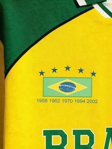 Manfinity Campus Court 復西橄欖球 Polo 衫男款，黃色夏季街頭風度假寬鬆版型拼色 Brasil 球衣，短袖圖案足球上衣 - 彩色 - 查看 9
