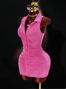 BamGleam Hot Girl Style Bright Pink Sleeveless Halter Neck Dress, Lapel Single Breasted Pleated Slim Fit Bodycon Mini Dress - Pink - View 4