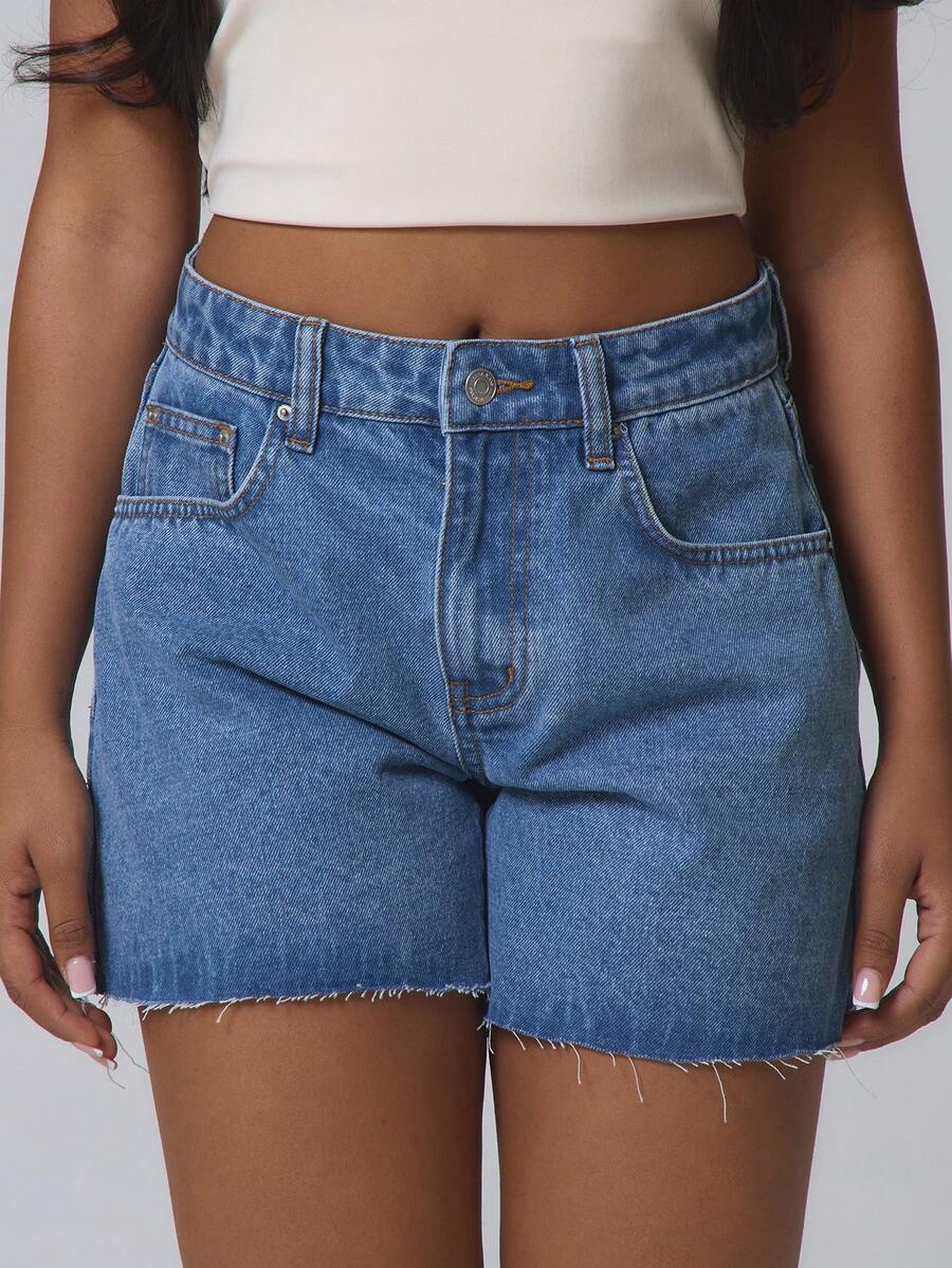 Musera Petite Petite Raw Hem Low Waist Classic Denim Shorts Basics Autumn  Fall Cute Streetwear Going Out Casual Core Denim Spring Summer - Medium Wash - View 1