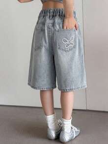 Dazy Kids Jeans de Mezclilla para Niñas Primavera/Verano Nuevo Estilo Bolsillo Trasero con Strass Acampanados (Grande) - Lavado ligero - Ver 3