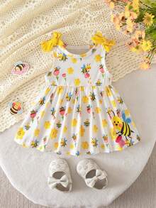 SHEIN Newborn Baby Girl Summer Cute Pattern Sleeveless Dress - Mustard Yellow - View 3
