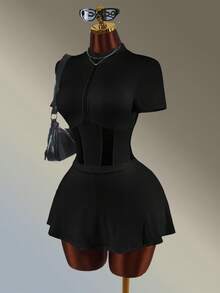 Amplova Women's Mesh Patchwork Sports Sexy Sporty Dress Gym Black Summer - Black - View 4