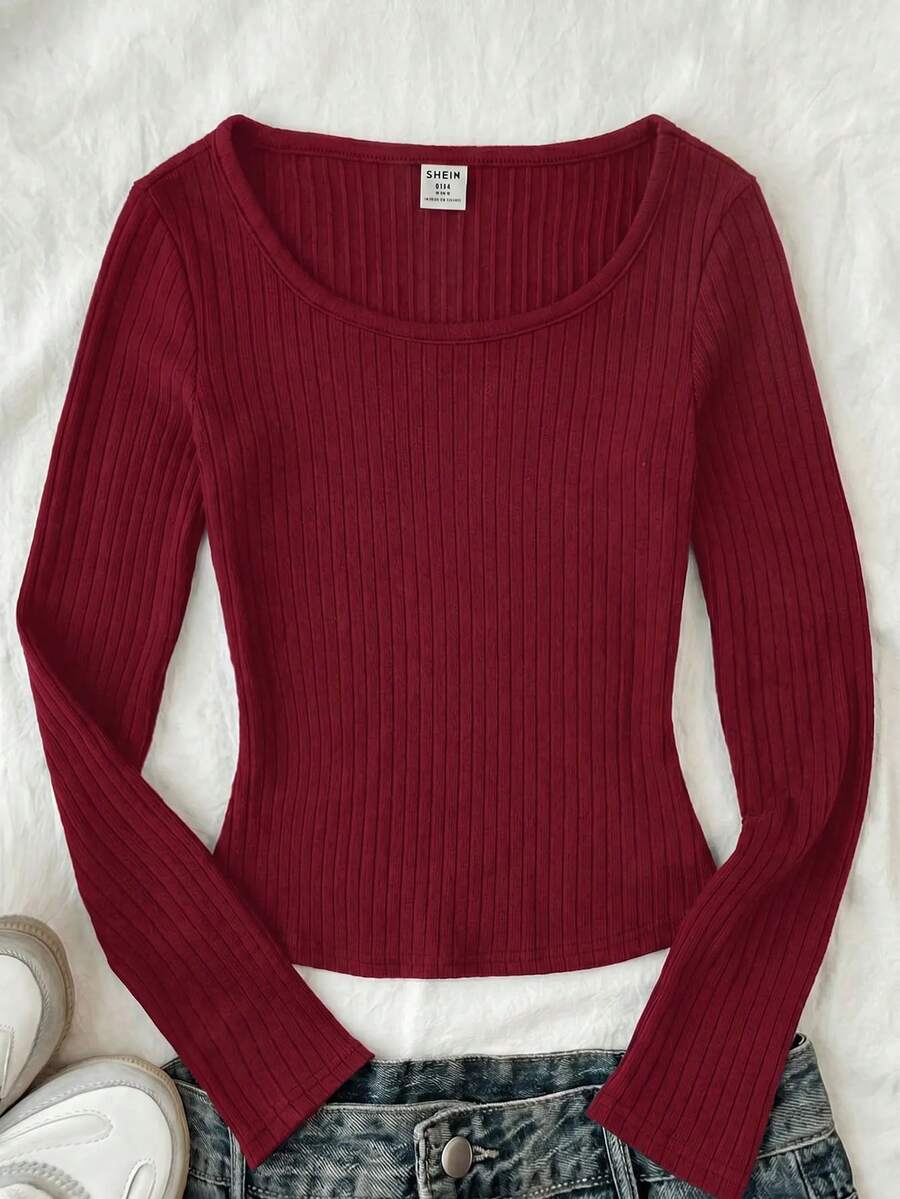 Tween Girl Tween Girls T-Shirts Ribbed Crew Neck Elastic Slim Fit All-Match Versatile Simple Long Sleeve T-Shirt, Comfortable - Burgundy - View 1