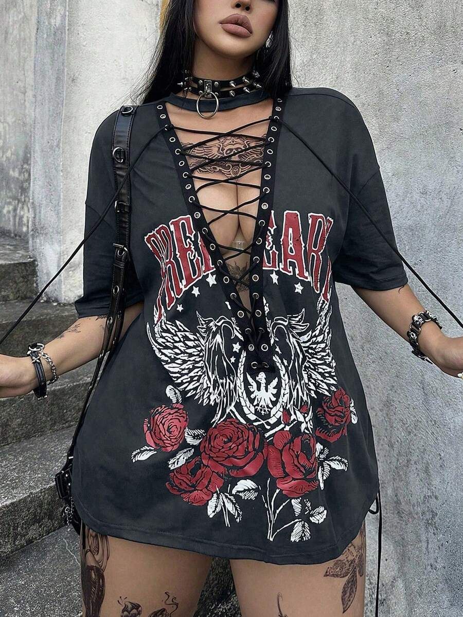 Whyspr 暗黑龐克風復古黑色機車搖滾圖案前綁帶女款T恤 - 深灰色 - 查看 1
