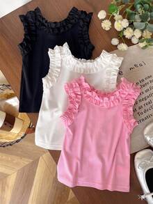 SHEIN Genkimix Kids 少女 3 件組：夏季純色荷葉邊背心上衣－粉色、白色與黑色 - 彩色 - 查看 6