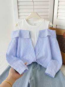 SHEIN Tween Girl Striped Minimalist 2 In 1 Patchwork Casual Long Sleeve Blouse , Fall/Winter - Blue and White - View 5
