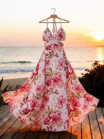 GlowEve CURVE Vestido floral elegante con tirantes de espagueti para mujer de talla grande, diseño con lazo en la cintura y espalda descubierta, adecuado para citas diarias, reuniones, salidas y vacaciones