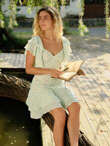 WESTFADE Vestido mini con cuello en V, lunares y volantes en capas - Verde - Ver 3