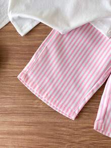 SHEIN Playful Pals 2件組女嬰夏季黑色短袖T恤刺繡裝飾條紋長褲套裝休閒度假風 - 粉色 - 查看 8