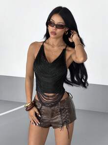 StreetHx Women's Sexy Tassel Backless Spaghetti Strap Black Tank Top Club Night Summer Halloween - Black - View 3