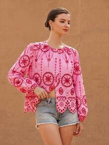 Frievida 女款圓領刺繡飾邊長袖襯衫 - 粉色 - 查看 4