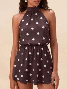 Travachic Women's Polka Dot Pleated Casual Elegant Daily Outing Halter Neck Dress Birthday Brown And White Polka Dot Summer - Coffee Brown - View 1