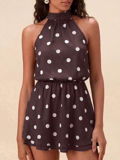 Travachic Women's Polka Dot Pleated Casual Daily Outing Halter Neck Dress
