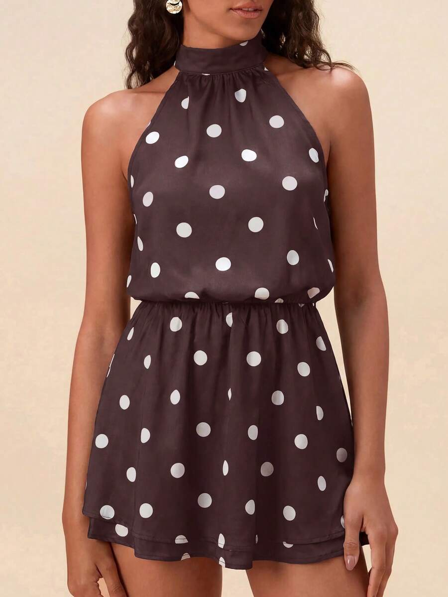 Travachic Women's Polka Dot Pleated Casual Elegant Daily Outing Halter Neck Dress Birthday Brown And White Polka Dot Summer - Coffee Brown - View 1