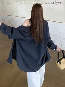 DAZY 女款純色領口長袖襯衫附內搭背心，韓系休閒2件套，可愛校園風上衣，適合早午餐，海軍藍白色，秋季 - 灰色 - 查看 2