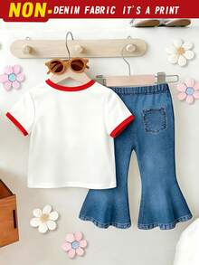 SHEIN 2pcs Baby Girl American Casual Set, Letter & Bow Print Colorblock Trim Short Sleeve Top With Red Bow Decor Retro Flared Long Pants, Lightweight Outfit, Suitable For School, Outings, Daily Wear In Spring, Summer, And Early Autumn - Multicolor - View 2