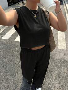 Muchica 大尺碼女款黑色圓領無袖背心與鬆緊腰長褲兩件套，辦公室夏季傳統風格 - 黑色 - 查看 6