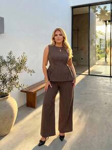 Auralis Plus Size Women's Round Neck Chocolate Brown Top And Long Pants Casual Elegant Daily 2 Pieces Set Office Formal Outfits For Work Summer Teachers' Day - Coffee Brown - View 2