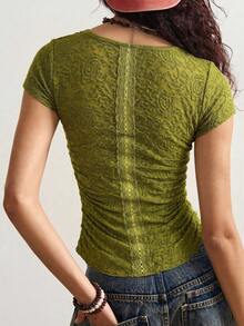 Bohemela T-shirt de malha casual de cor lisa para mulher - Verde Azeitona - Ver 1