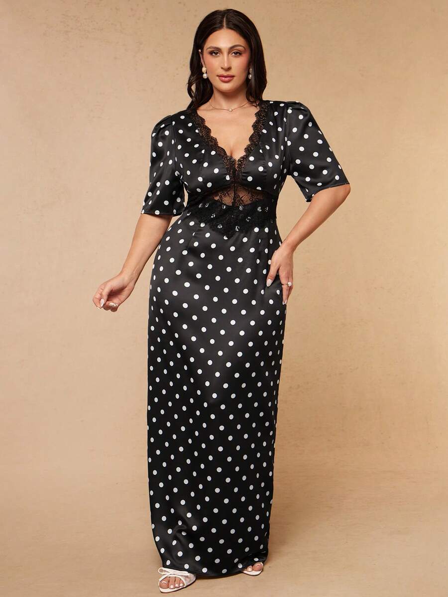 SHEIN BAE CURVE 大尺碼女款黑色圓點短袖洋裝,優雅性感洋裝 - 黑色 - 查看 1
