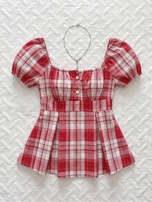 SHEIN Unity 女款春夏法式風粉色格紋花瓣袖小V領襯衫 - 彩色 - 查看 1